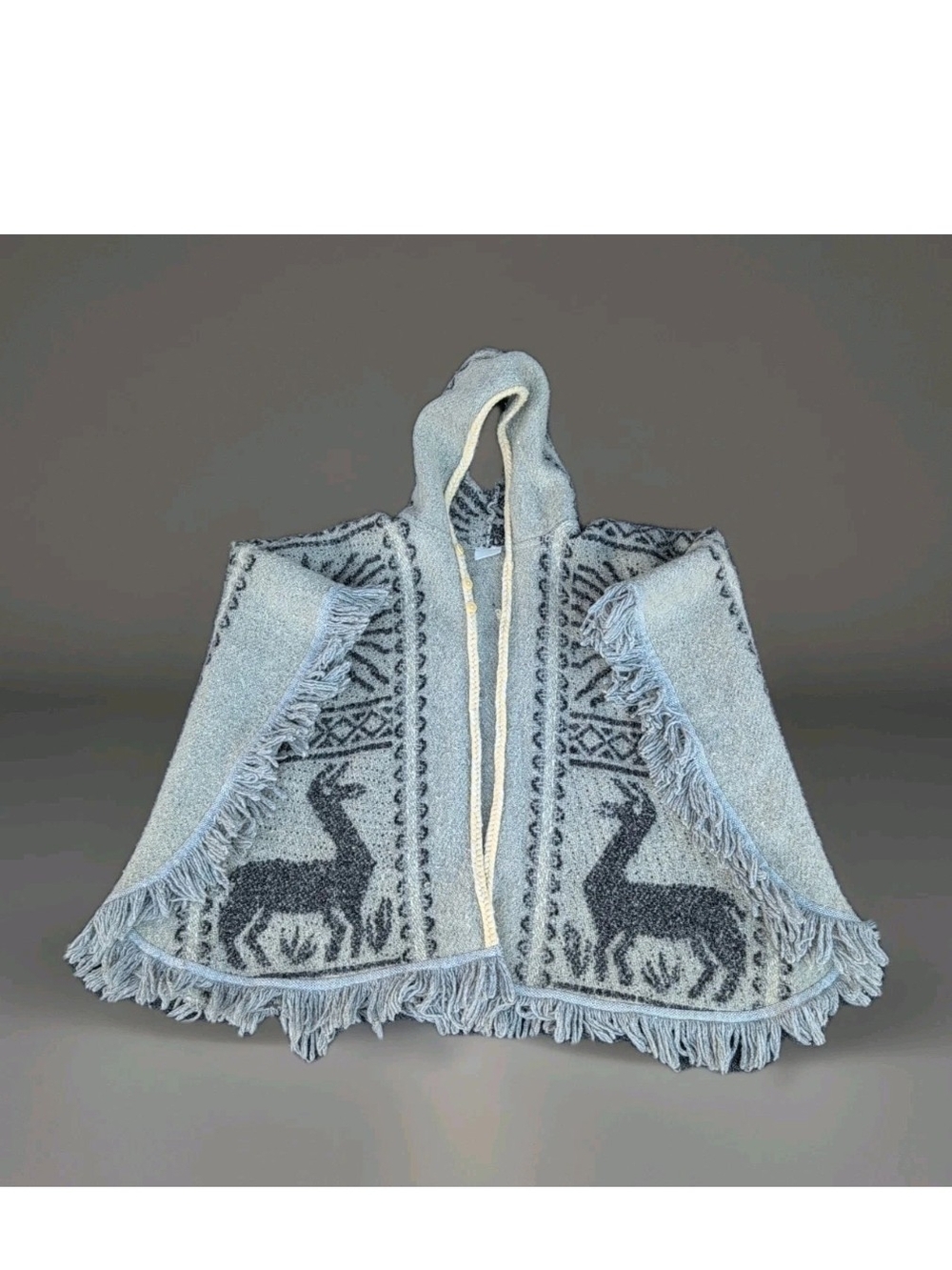 Vintage Alpacas Llamas Wool Cape Poncho Hooded Boho Unisex Fringe Tribal Sun